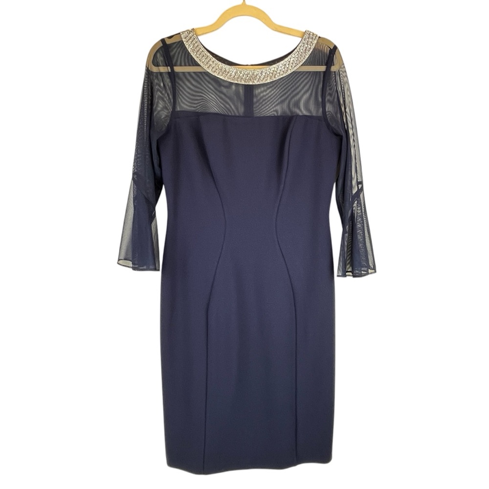 Alex Evenings Embellished Illusion Neckline Sheath Dress Navy Retail $199 Sz 8